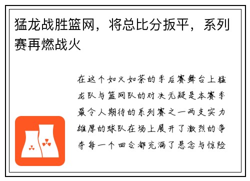 猛龙战胜篮网，将总比分扳平，系列赛再燃战火