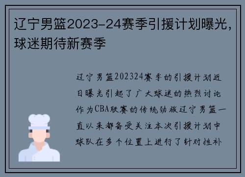 辽宁男篮2023-24赛季引援计划曝光，球迷期待新赛季